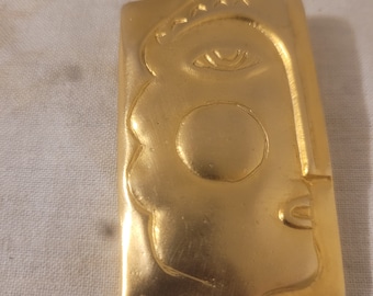 Unusual Vintage Modernist Face Abstract Art Woman Picasso Gold Tone Brooch Pin p45