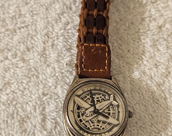 Fossil Airplane Watch Womens Vintage Pilot's Pewter Wristwatch Ladies