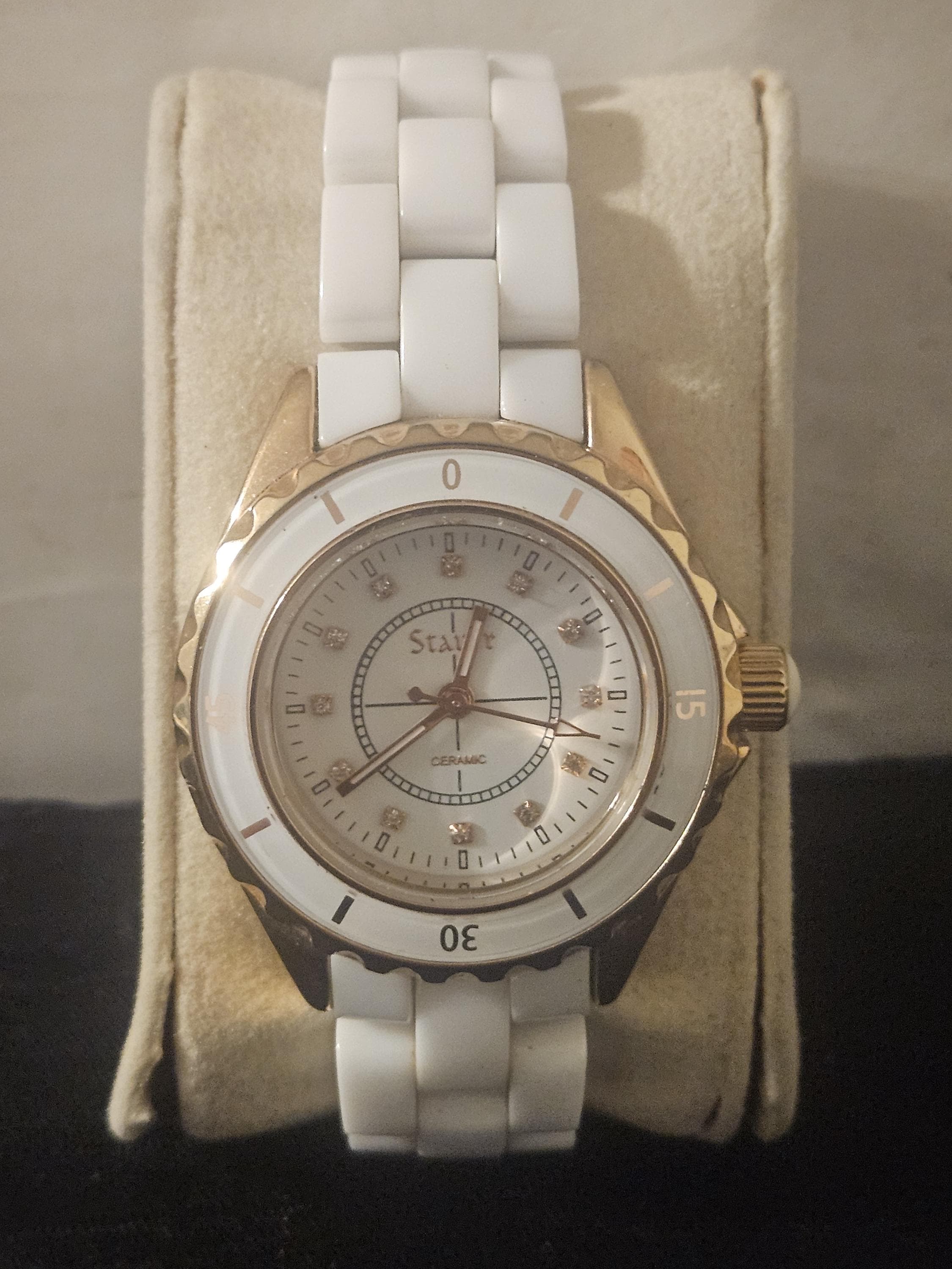 Stauer Ladies 34mm White & Rose Gold Tone Ceramic Watch W 
