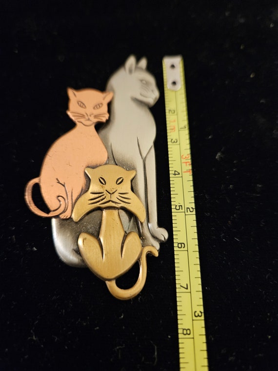 Vintage K & T Tri Color Three Cat Brooch Pin Cost… - image 3