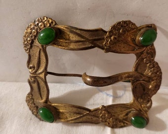 Vintage Estate Jewelry Art Nouveau Stamped Brass Metal green stone  Sash Belt Buckle Brooch Pin p8