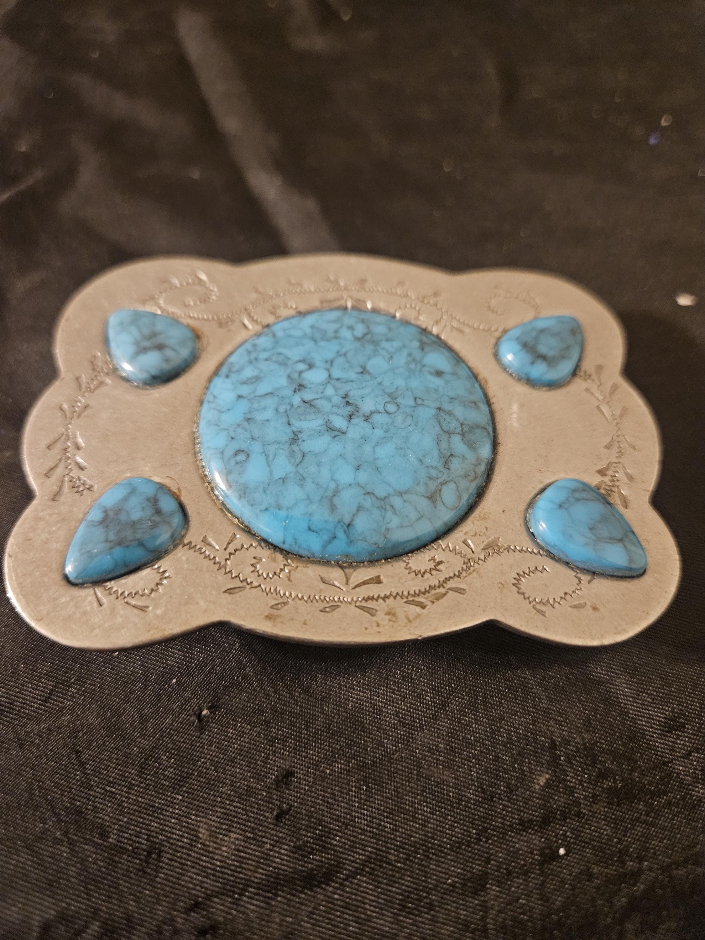 Vintage Turquoise Colored Stones Ornate Design Engraved 