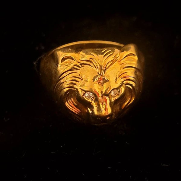 Vintage 18k HGE Gold Lion Head ring rhinestone eyes sz 11.5 p12