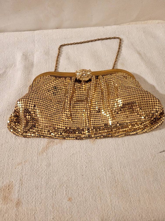 Vtg WHITING & DAVIS gold mess evening bag with rh… - image 1