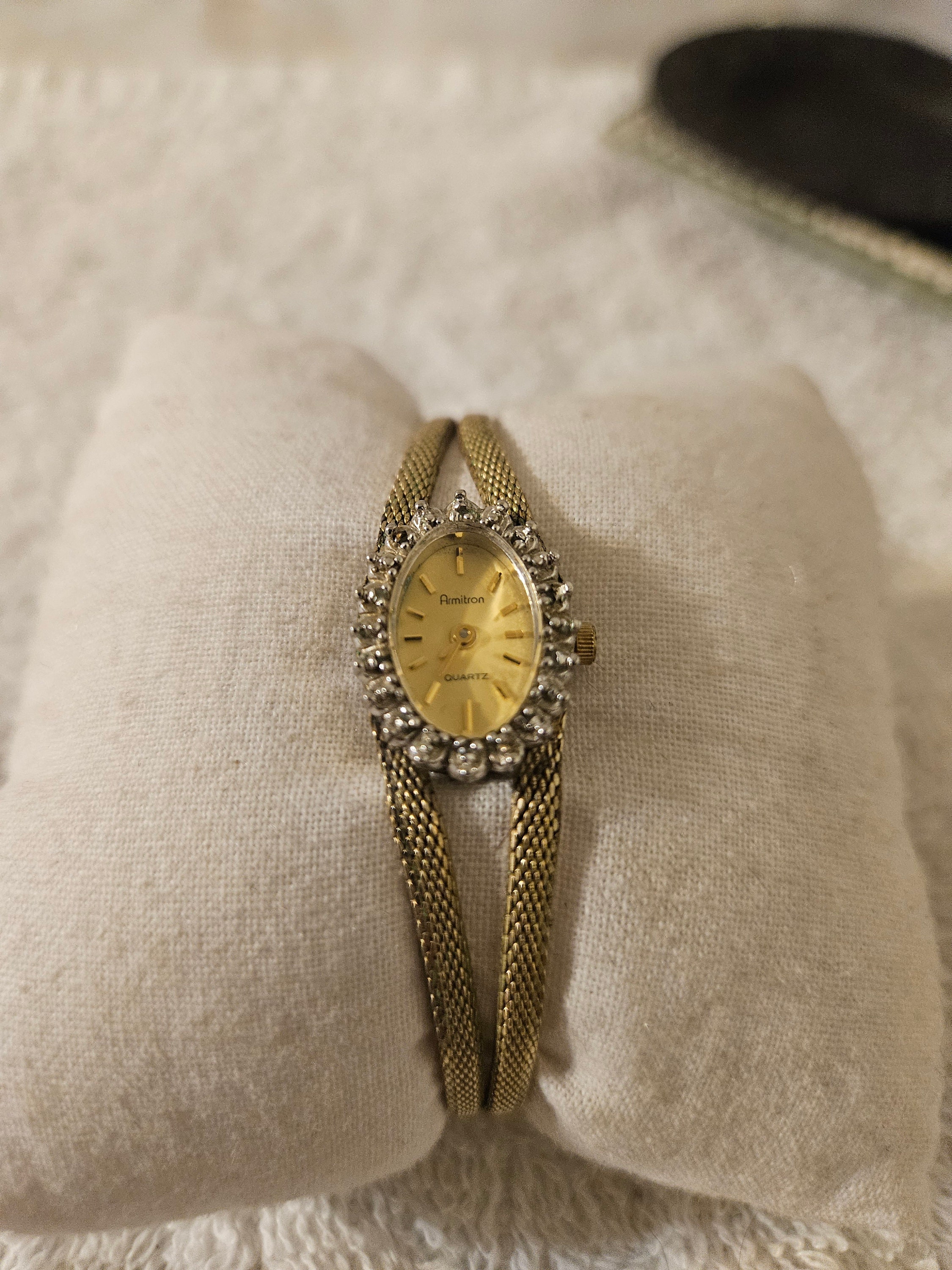 VINTAGE ARMITRON Diamonds Deauville Ladies Watch Gold Tone Mesh