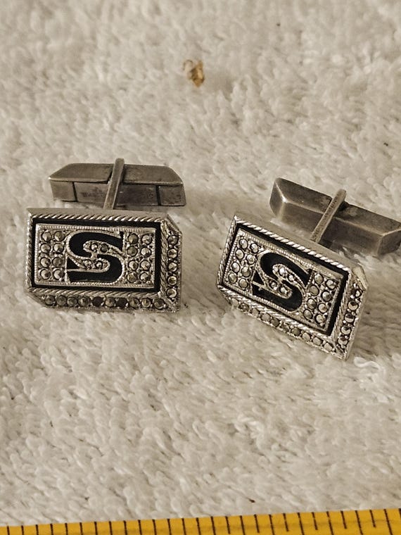 Sterling Silver Cufflinks Initial s Marcasite Sto… - image 1