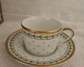 Christian Dior, Versailles, Floral/blue Poka Dot And Leaf Flat Cup & Saucer Set t23