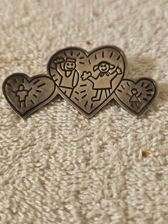 Vintage Children & Hearts Sterling Pin Brooch 925 