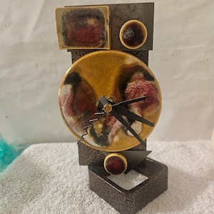 Hand Crafted Abstract Contemporary Art Clock Enameled Circular Tiles & Wrought Iron Base t18