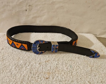 BG Mudd BGM Sterling Silver w/Blue Lapis turquoise orange Inlay Belt Buckle ~ Canyon Collection with beaded leather belt 32"