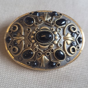 Michal Golan  Etruscan Oval Ornate Black Stone Enamel Brooch Pendant Signed p11