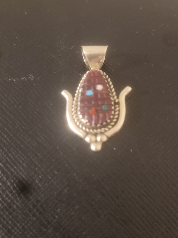 Zuni Inlay Corn Pendant Sterling Beverly  Estate p