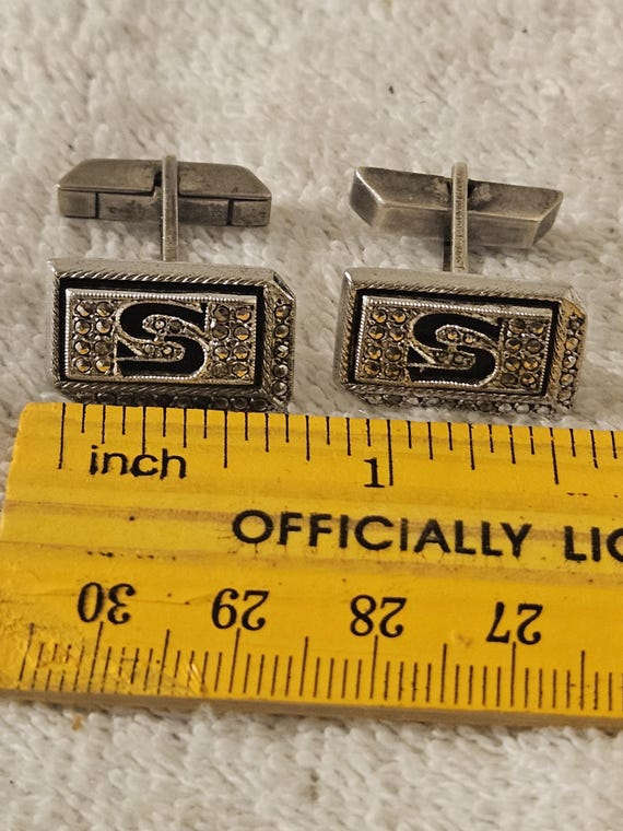 Sterling Silver Cufflinks Initial s Marcasite Sto… - image 2