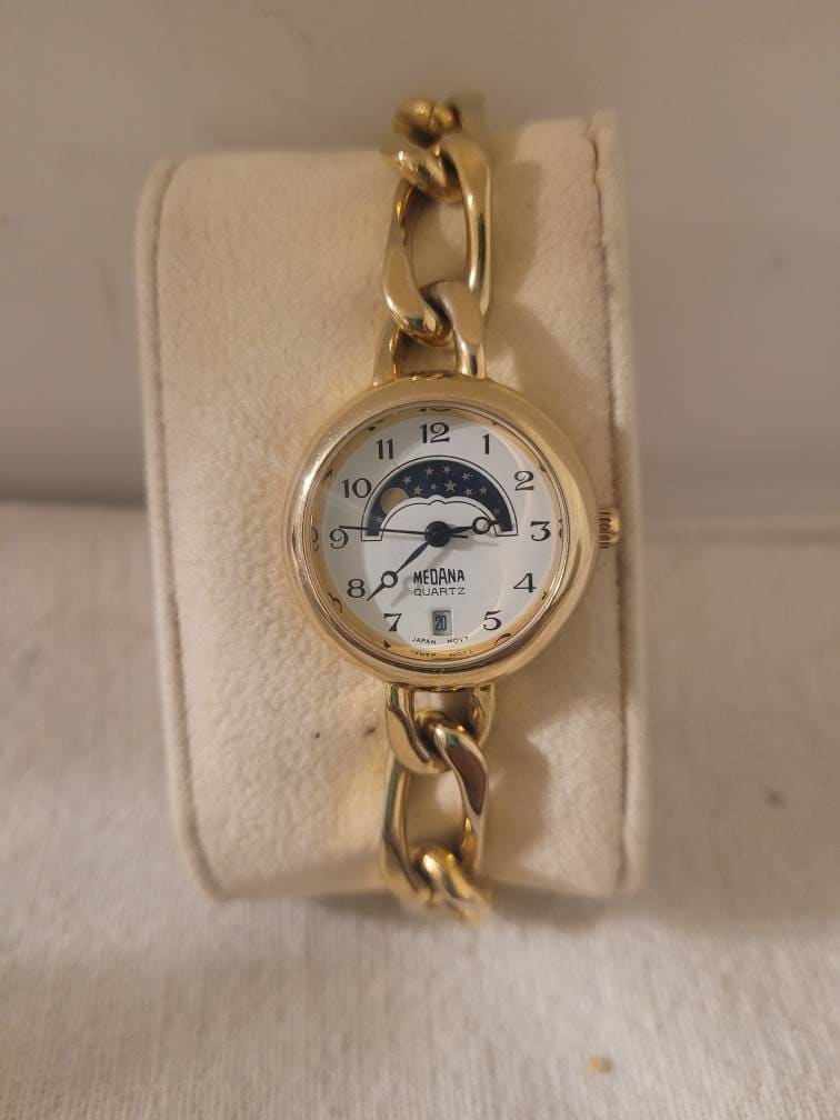 Women s Quartz Medana Moon Phase Watch Gold Tone Chain Etsy India
