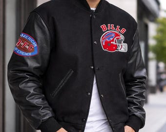 Men’s Buffalo Bills Varsity Jacket 90s Vintage Style Wool Body Leather Sleeves Jacket