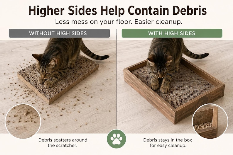May include: A comparison graphic showing a cat using a flat cardboard scratcher with debris scattered on the floor versus a cat using a wooden-framed cardboard scratcher with high sides that contain the debris. Text reads Higher Sides Help Contain Debris.