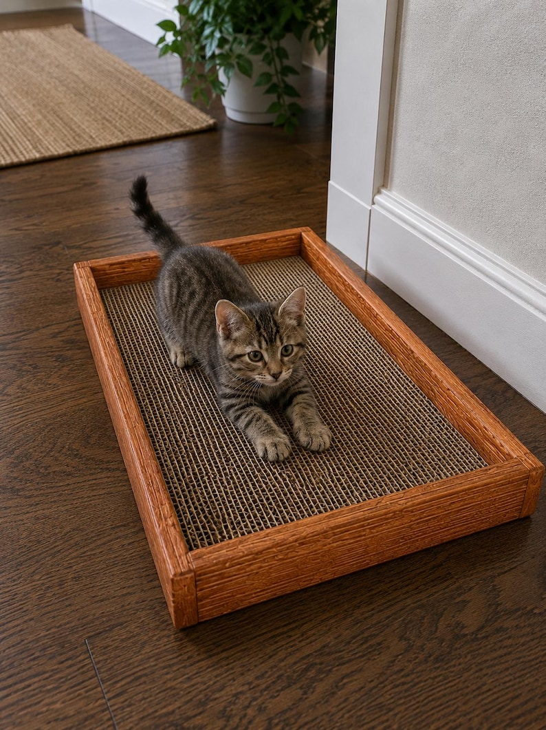 May include: A small tabby kitten with grey and brown striped fur stands on a rectangular cat scratcher. The scratcher features a textured, corrugated cardboard surface set within a sturdy, medium-toned wooden frame with a visible wood grain.