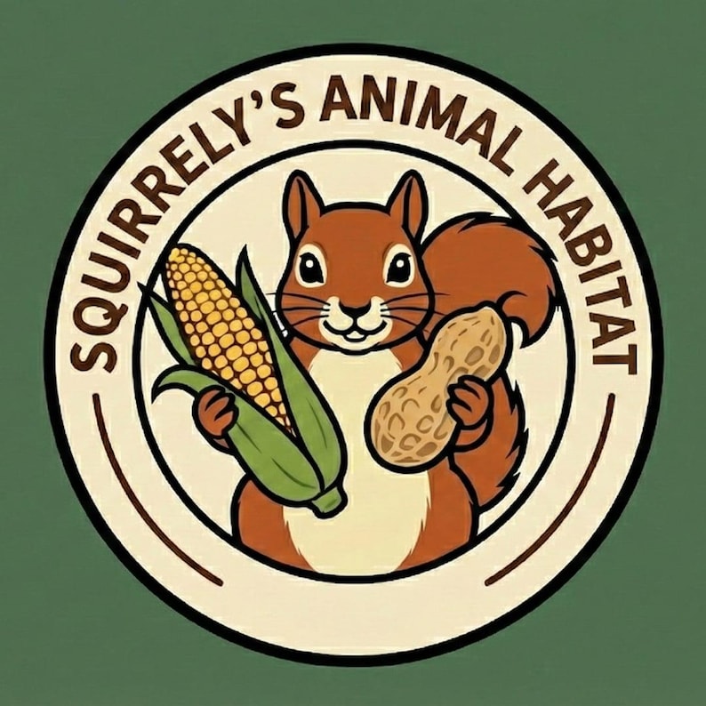 May include: A circular graphic design featuring a brown squirrel holding a yellow ear of corn and a tan peanut. The text SQUIRRELY'S ANIMAL HABITAT is printed in a dark brown circular border against a light cream background on a solid green field.