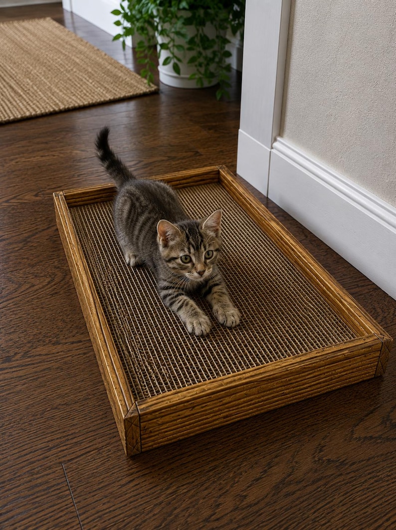 May include: A small brown tabby kitten with dark stripes stands on a rectangular cat scratcher. The scratcher features a textured, corrugated cardboard surface set within a sturdy, medium-toned wooden frame with visible wood grain patterns.