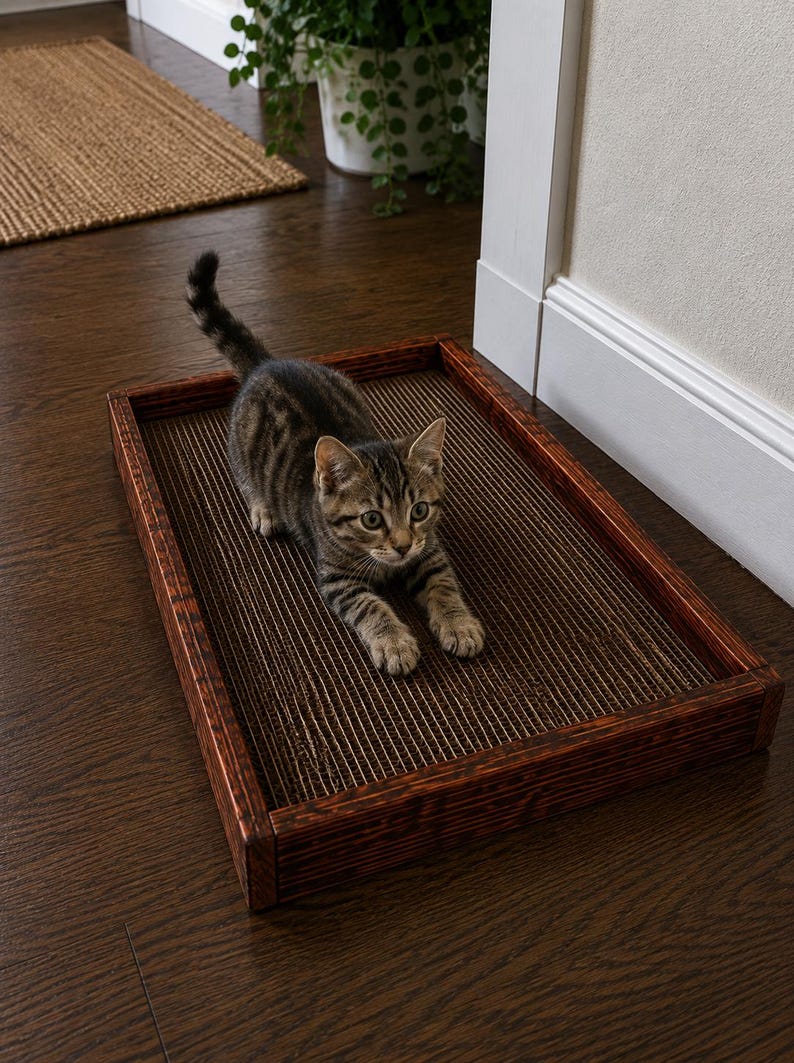 May include: A small tabby kitten with brown and black stripes is positioned on a rectangular cat scratcher. The scratcher features a dark brown wooden frame and a textured, corrugated cardboard surface designed for scratching and lounging.
