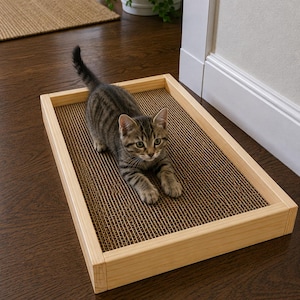 May include: A rectangular cat scratcher featuring a light-colored wooden frame and a textured brown corrugated cardboard surface. A small brown tabby kitten with dark stripes is positioned on the center of the scratcher, facing forward.