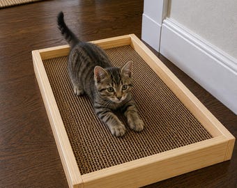Handmade Wooden Cat Scratcher Box – Corrugated Cardboard Cat Lounge – Modern Cat Furniture