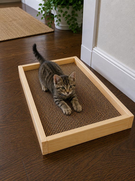Handmade Wooden Cat Scratcher Box – Corrugated Cardboard Cat Lounge – Modern Cat Furniture
