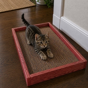 May include: A rectangular cat scratcher featuring a textured brown corrugated cardboard surface framed by a deep red stained wooden border. A small brown and black tabby kitten is positioned on the center of the scratcher with its front paws extended.