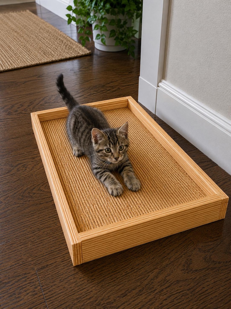 May include: A rectangular light-colored wooden tray featuring a textured, ribbed interior surface. A small, grey and black tabby kitten with dark stripes is positioned inside the tray, resting its front paws on the textured base.
