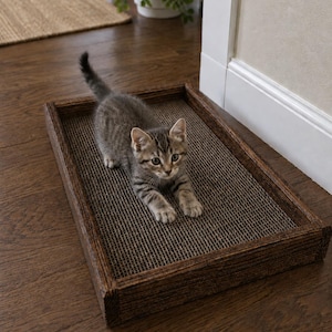 May include: A small gray tabby kitten with dark stripes stands on a rectangular cardboard scratching pad. The pad is encased in a dark brown stained wooden frame with a visible wood grain texture, providing a sturdy base for the cat to scratch.