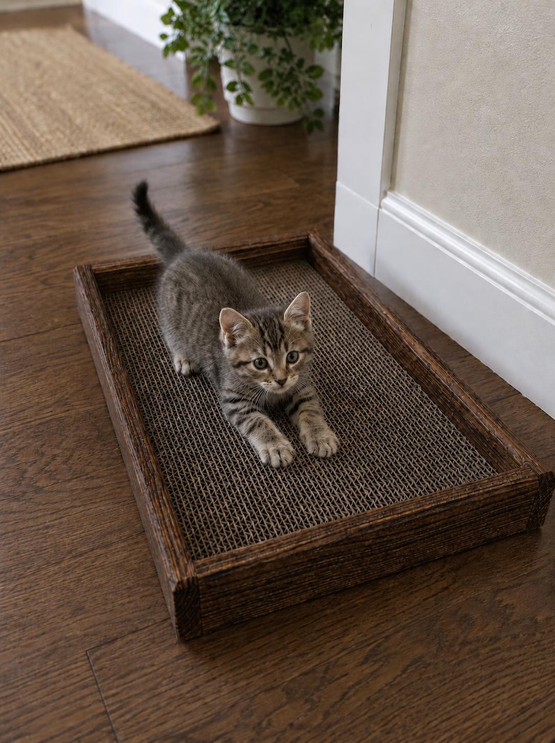 May include: A small gray tabby kitten with dark stripes stands on a rectangular cardboard scratching pad. The pad is encased in a dark brown stained wooden frame with a visible wood grain texture, providing a sturdy base for the cat to scratch.