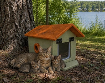 May include: A small, sage green pet house with a textured orange gabled roof, a circular side window, and a rectangular front door with a clear flap. An adult tabby cat and two small tabby kittens are resting in front of the structure.