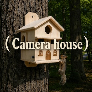 May include: A wooden camera house with a round entry hole and small windows is mounted on a tree. The camera house has a small roof and a platform. A squirrel is clinging to the side of the camera house.