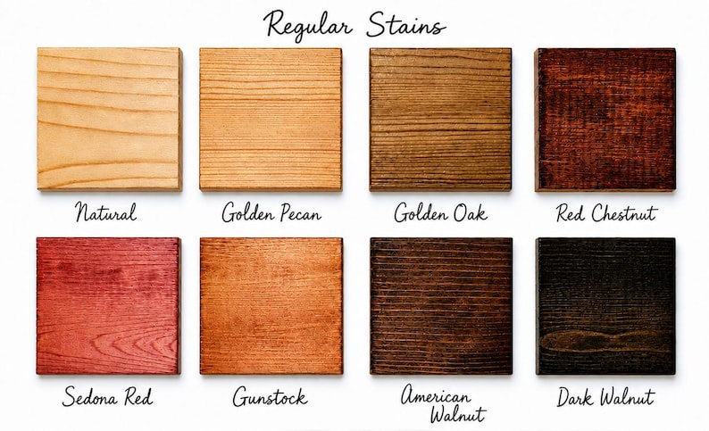 May include: A grid of eight square wood samples labeled Regular Stains, featuring colors Natural, Golden Pecan, Golden Oak, Red Chestnut, Sedona Red, Gunstock, American Walnut, and Dark Walnut, each displaying distinct wood grain textures and tones.