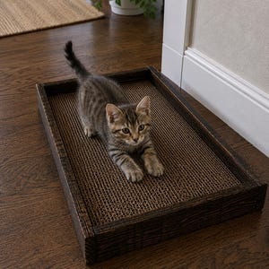May include: A rectangular cat scratcher featuring a dark brown stained wooden frame and a textured corrugated cardboard surface. A small brown tabby kitten with dark stripes is positioned on the scratcher, stretching its front paws forward.