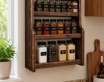 Rustic Wooden Spice Rack | Wall Mounted or Countertop Spice Display | Handmade Kitchen Decor