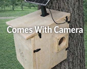 Peek-A-Boo Cabin is an Extra Large Handmade Squirrel House with Camera and Solar Panel – Outdoor Nesting Box for Backyard Wildlife
