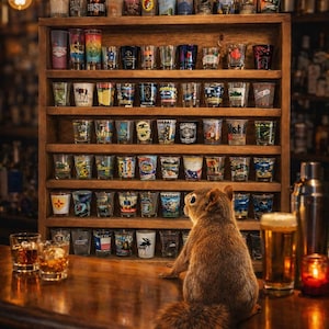 May include: A wooden display shelf filled with numerous colorful souvenir shot glasses arranged in rows. A brown squirrel sits on a wooden bar counter in the foreground, facing the shelf. Two glasses of amber liquid and a beer glass are nearby.