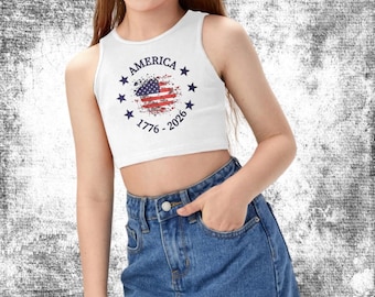Personalized Patriotic Flag America 250th Anniversary Girls Sleeveless Crop Tank Top Independence Day Gifts