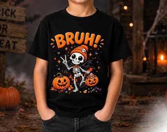 Bruh Skeleton Halloween PNG, Funny Boys Spooky Shirt Design, Pumpkin Trick or Treat Graphic