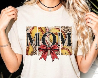 Softball Mom PNG, Leopard Print Sports Mama, Red Bow Sublimation, Game Day Shirt Graphic