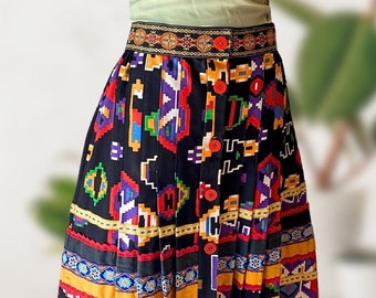1970s Giorgio di Sant'Angelo Ribbon Pleat Skirt, Ikat Print, Gypsy Nomad Chic