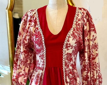 1970s &quot;Gunne&quot; by Jessica, Red Toile Maxi,  Black Label Gunne Sax, Jessica McClintock, Toile de Jouy, Colonial Maiden Dress