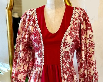 1970s "Gunne" by Jessica, Red Toile Maxi,  Black Label Gunne Sax, Jessica McClintock, Toile de Jouy, Colonial Maiden Dress