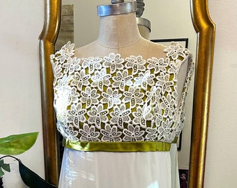 1960s Empire Waist Lace Maxi, Jane Austin Dress, Full Length Tea Gown