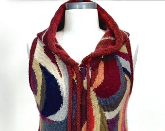 1990s Tara Handknits Abstract Sweater Vest, Mosaic Design, Hoodie, Handspun, Handknit