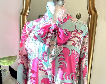 1960s Eduardo for Saks Fifth Avenue, Psychedelic Print, Pussy Bow Dress, Lounge Wear