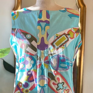 1960s Emilio Pucci Top, Sleeveless Shell, MOD Graphic, Tiki Masks, Aqua Pastel