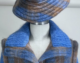 1980s Donegal Designs, Mohair Plaid, Sweater Coat & Matching Trilby Hat, Knit Sleeves