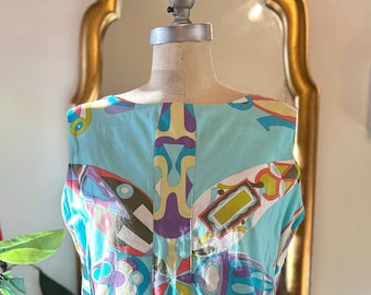 1960s Emilio Pucci Top, Sleeveless Shell, MOD Graphic, Tiki Masks, Aqua Pastel